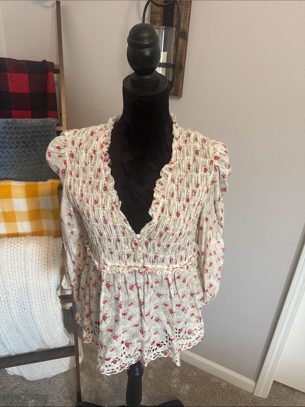 Anthropologie Cream Floral Smocked V-Neck Peplum Blouse